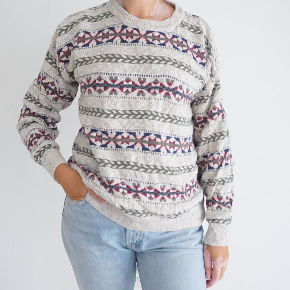 Vintage Penns Landing Beige Fair Isle Patterned Cotton Knit Crewneck Sweater M